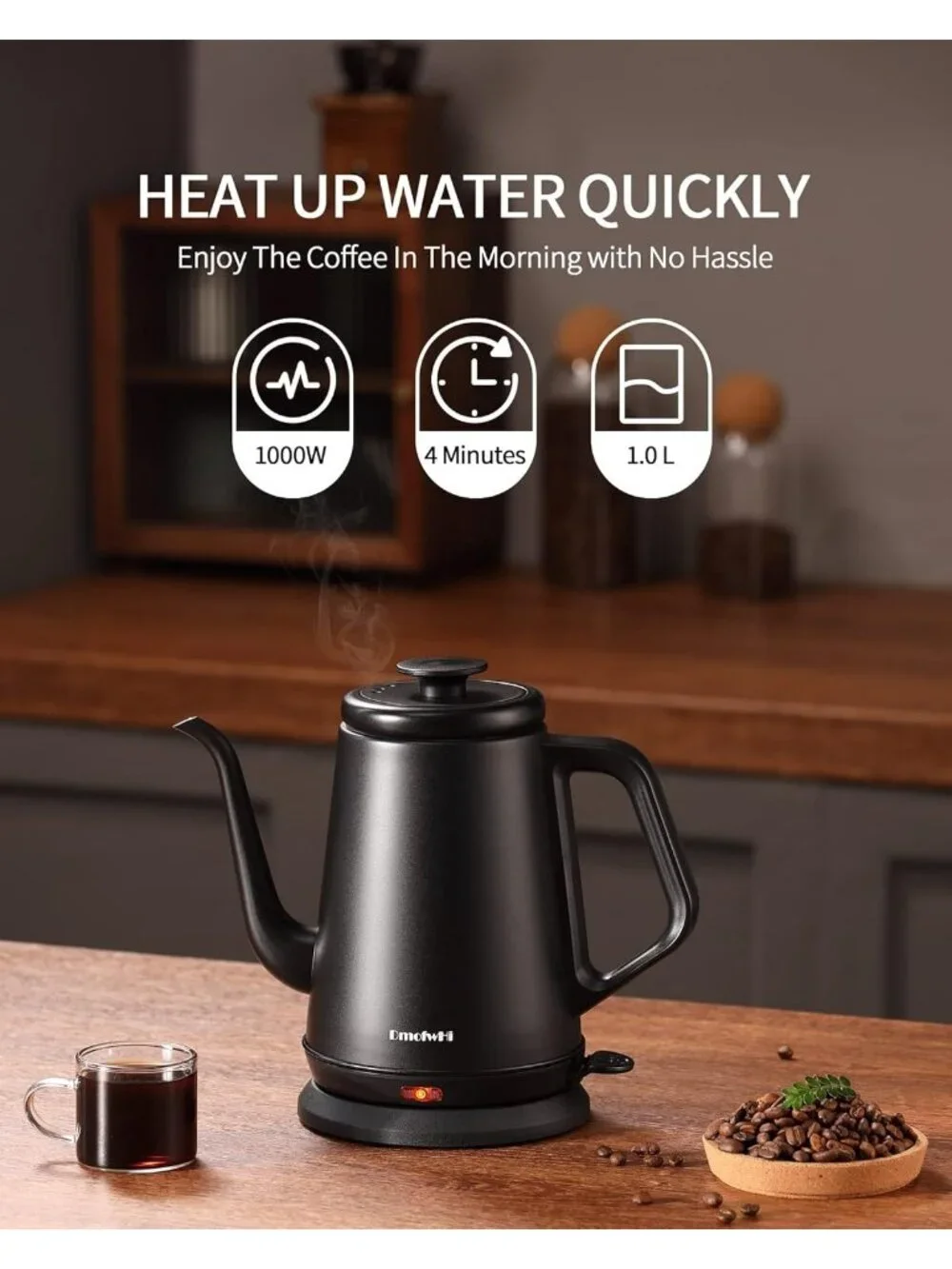 1.0L Matte Black Gooseneck Electric Kitchen Kettles Stainless Steel BPA Free